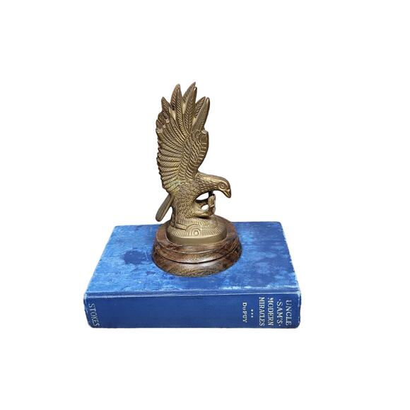 Vintage Brass Eagle Paperweight, Wood Base Figurine - Picture 1 of 8